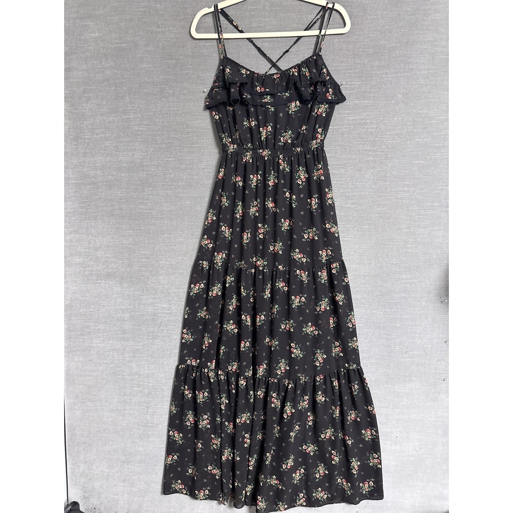 Guess Dress 4 Black Floral Maxi Ruffle Tiered Strappy Sundress Boho Summer Beach